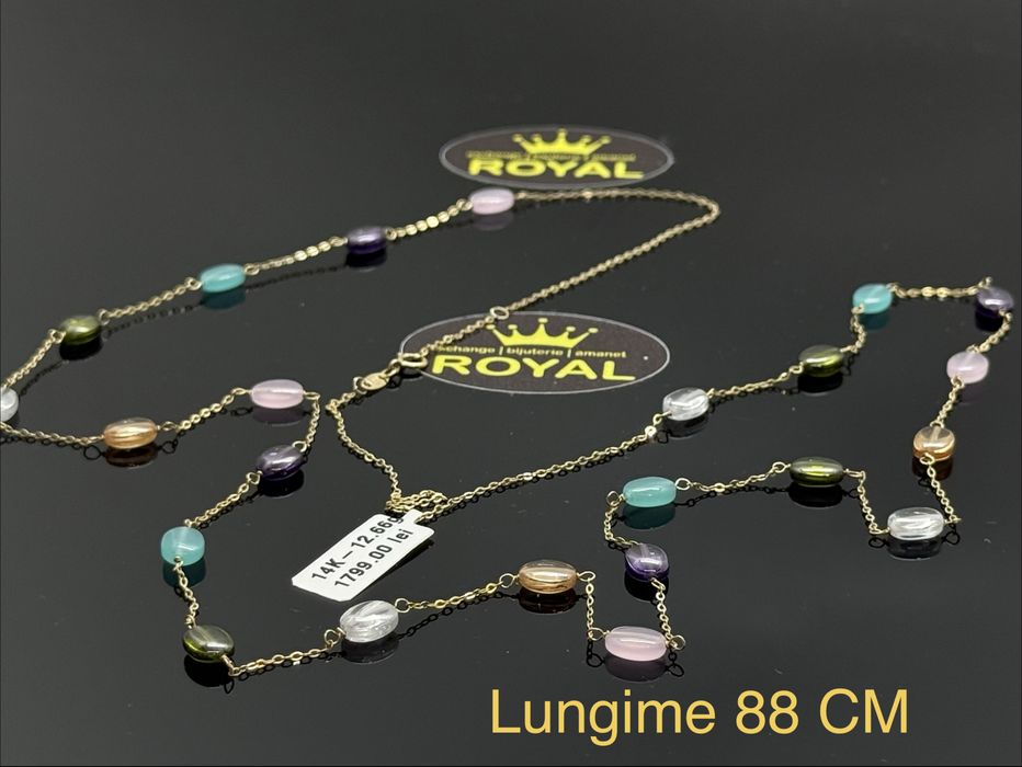 Bijuteria ROYAL : Lant colier dama cu pietre colorate AUR 14K NOU / 12.66 GR 585