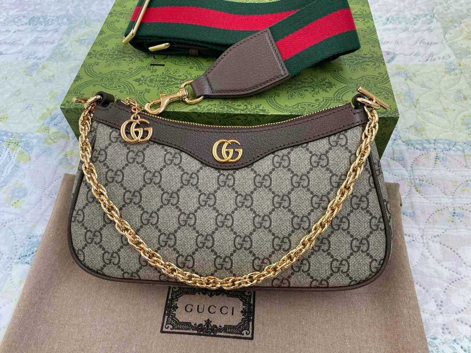 Гучи Бежова Canvas Чанта Ophidia За Рамо Оригинална Кожа Синджир Gucci