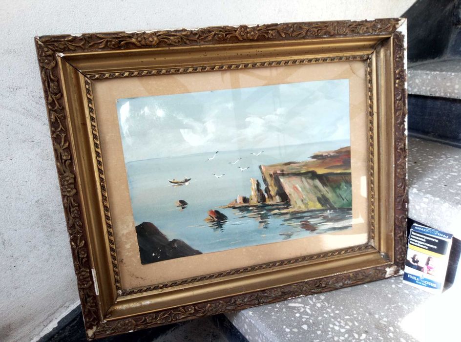 Стара МАСЛЕНА КАРТИНА Море и Планински Пейзаж ТЕМПЕРА - 70те Години БГ