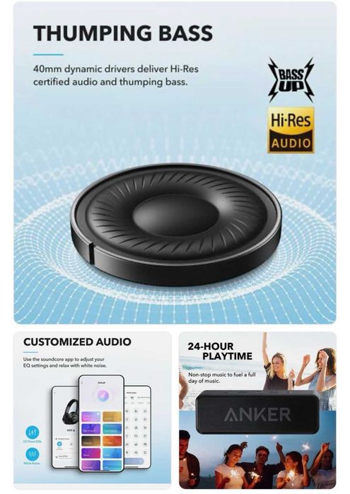 Слушалки Soundcore by Anker Q20i с активно шумопотискане, мощен бас