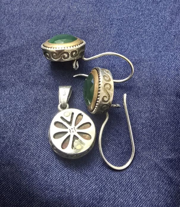 Set bijuterii din argint 925 cu calcedonie verde – cercei + pandantiv