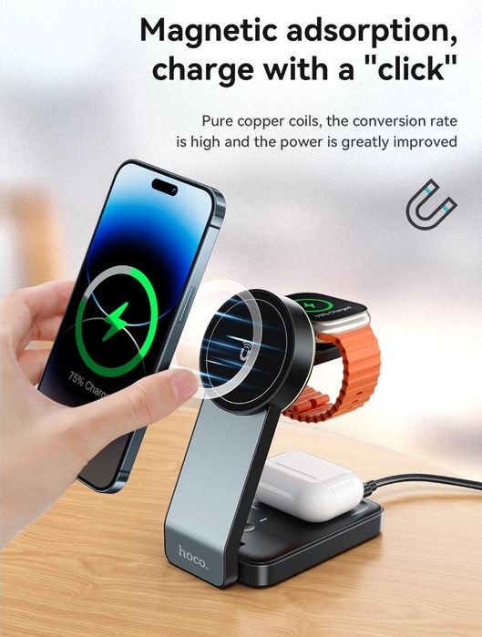 Hoco CQ3 Док-станция 3 в 1 Magnetic 30W iPhone 15/ 16 iWatch AirPods