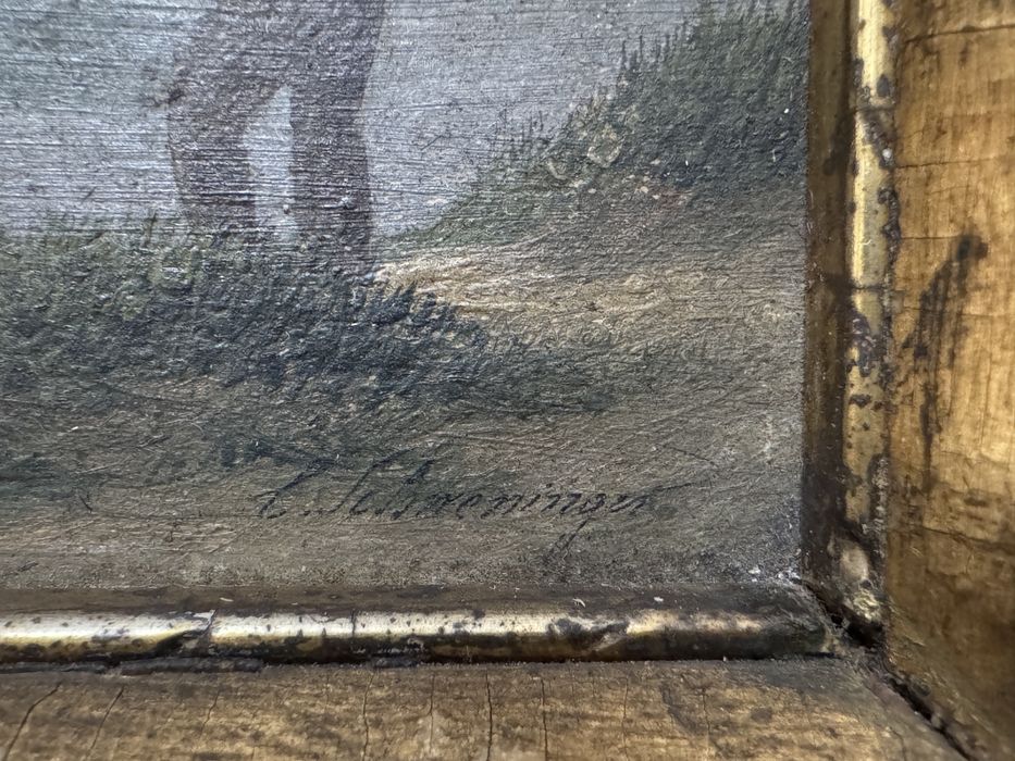 Tablou vechi C.Sschweninger. Pictura in ulei pe carton.