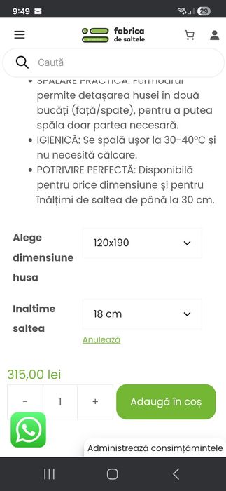 Husa saltea impermeabila cu bumbac 120×190cm