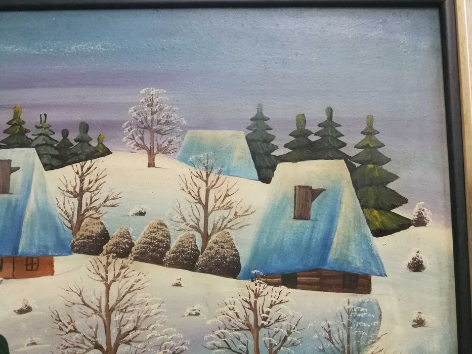 Tablou Arta Naiva Pictura Ulei pe Panza Petru Mihut Iarna 1985