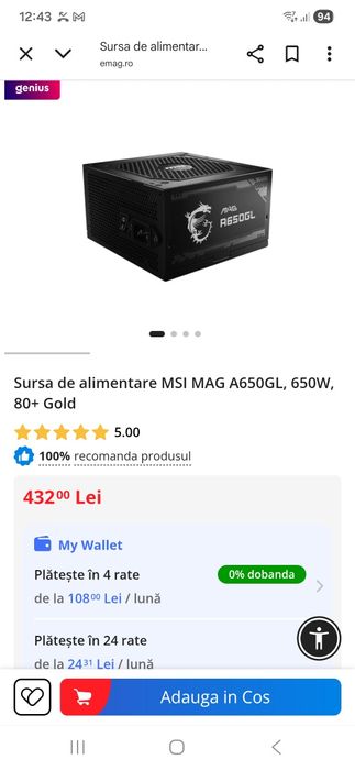 Sursa calculator(pc) msi 650w