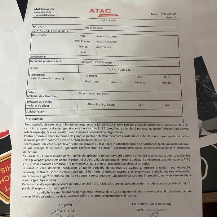 Laptop Gaming ASUS TUF F17 FX706HF - traseu alimentare defect