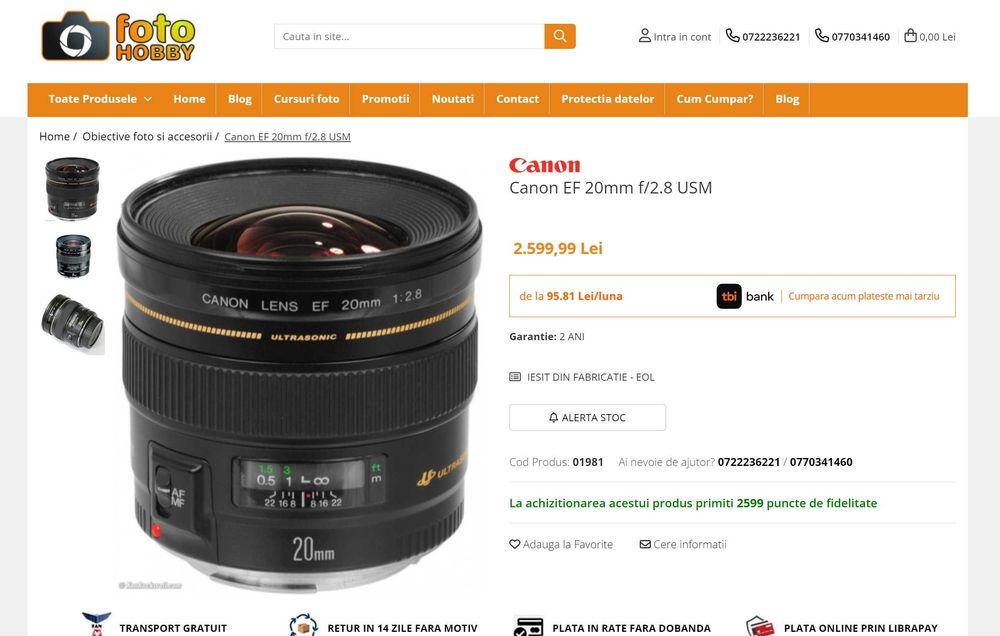 Obiectiv CANON 20mm f2.8 USM Ultrawide FullFrame La cutie