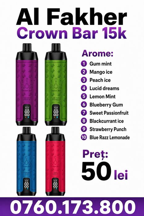 Narghilea / Vape-uri / Țigări electronice / E-Shisha AL FAKHER CROWN BAR 15k– ORIGINALE , SIGILATE 

• Produse 100% originale, sigilate
• Până la 2