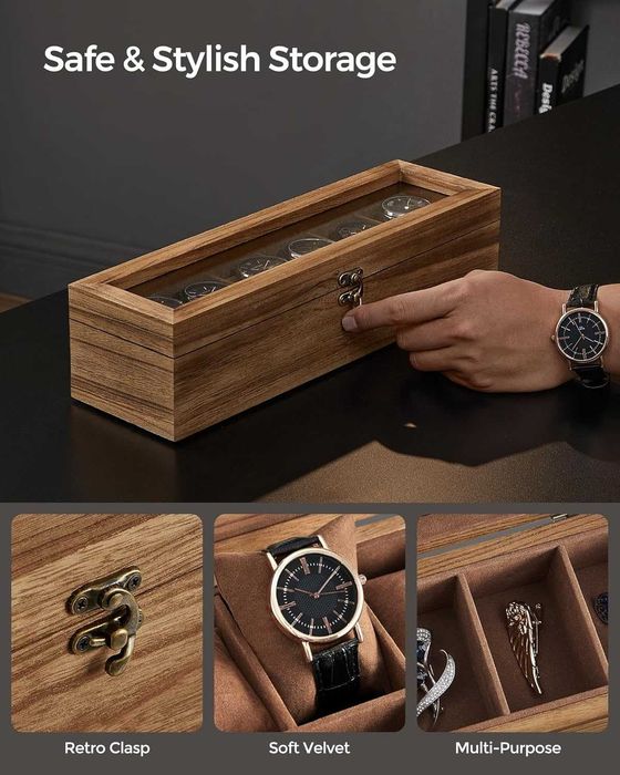 Cutie depozitare ceasuri Songmics, 6 sloturi, capac din sticla, lemn