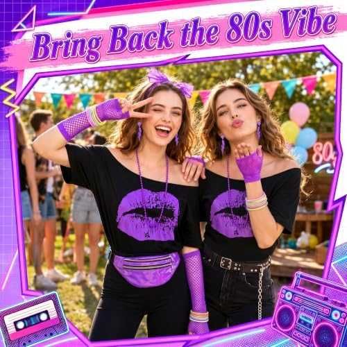 Нов Дамски костюм 80-те години неонов диско комплект тениска аксесоари за косплей Хелоуин карнавал