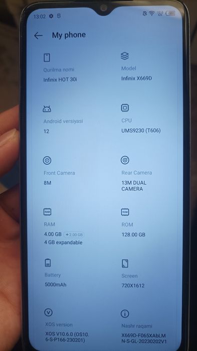 Sotiladi, Infinix HOT 30i 8GB rom/128GB ram