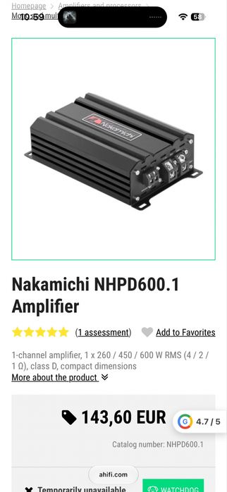 Amplificator auto nakamichi nhpd 600.1