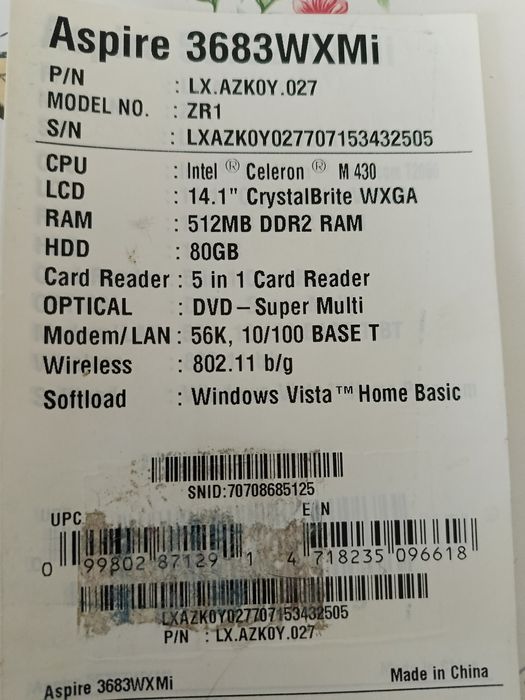 Ноутбук Aser Aspire 3683Wxmi