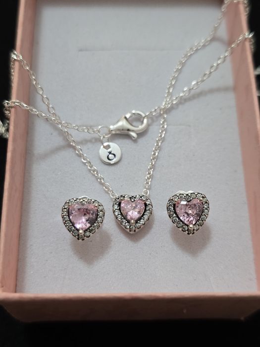 Set colier si cercei inima roz/pink heart