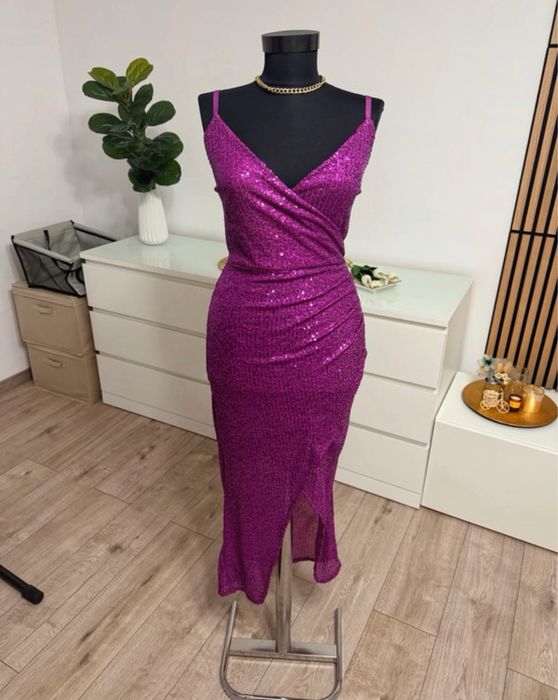 Rochie fuchsia mov roz cu paiete lunga de ocazie superba eleganta