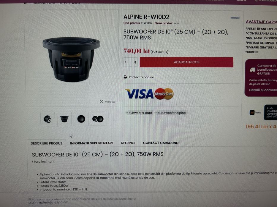Subwoofer alpine R-w10d2  750W Rms