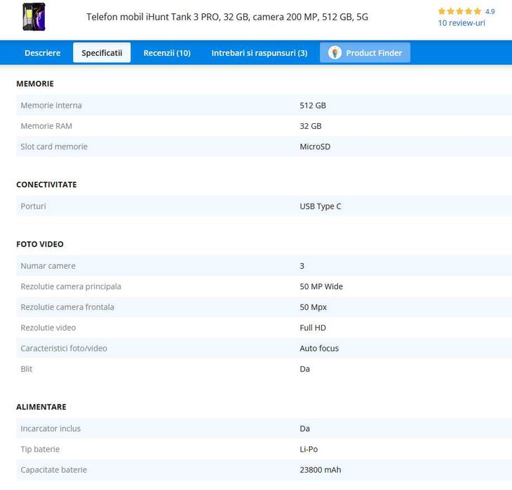 Telefon iHunt Tank 3 PRO, 32 gb, camera 200 MP, 512 gb, 5G, Video Proiector laser