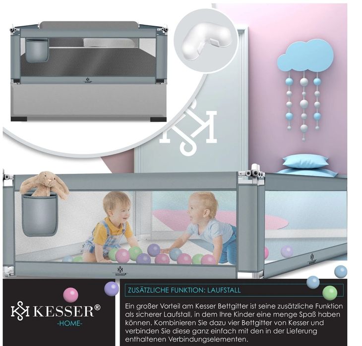 Защитна ограда за детско легло, размери 180 см x 44 см x 72-96 см