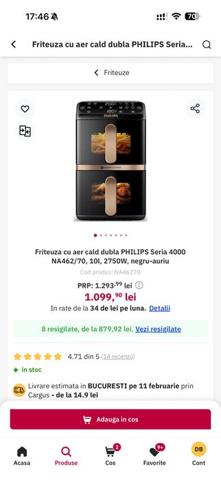 Friteuza cu aer cald dubla philips, 10l, 2750W
