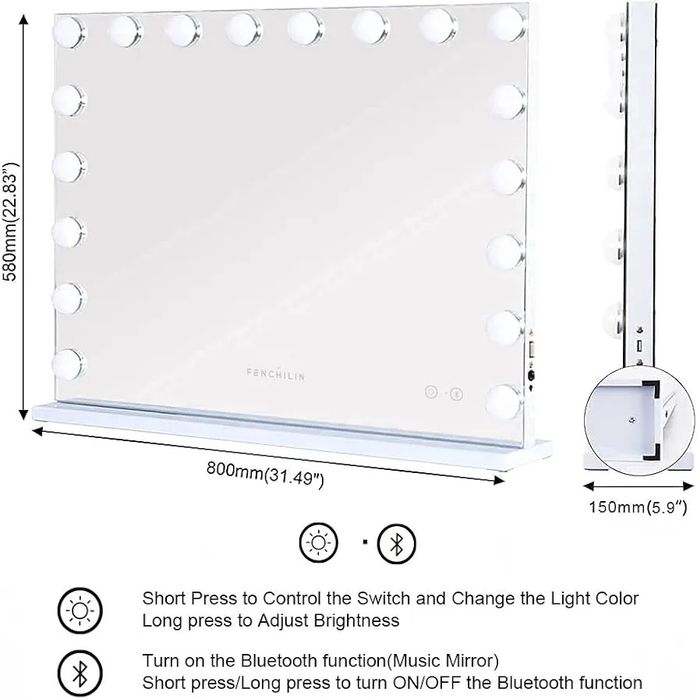Голям Размер! Bluetooth Професионално/ Гримьорско огледало с  USB порт