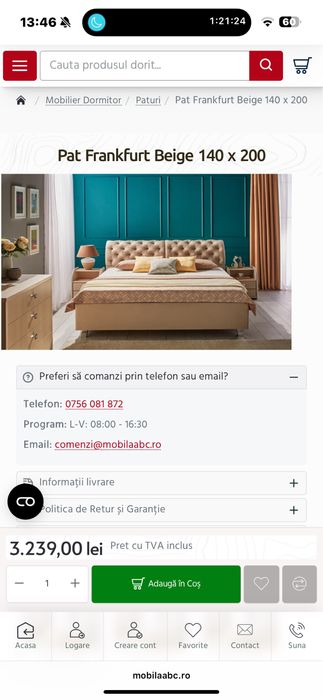 Pat dormitor Frankfurt (Ambianta) + saltea noua!