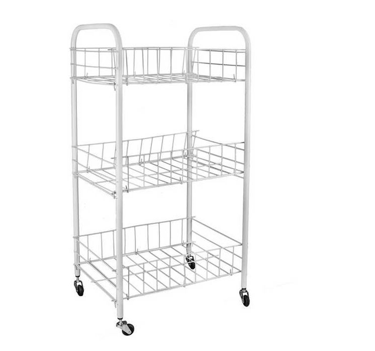 Кухненска етажерка, За съхранение, 3 рафта, На колелца, Бял