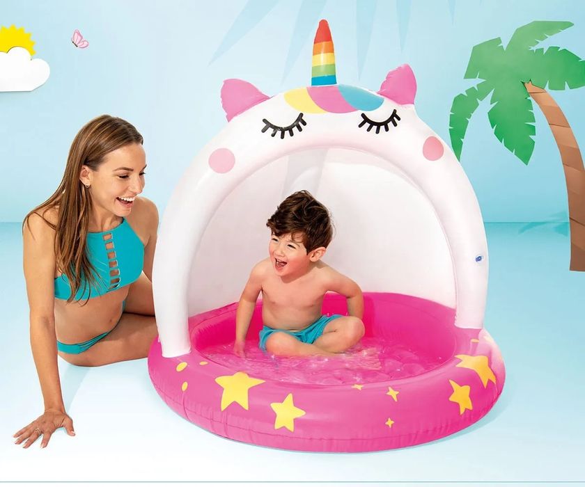 Бебешки надуваем басейн Intex Unicorn, 102 x 102 см със сенник