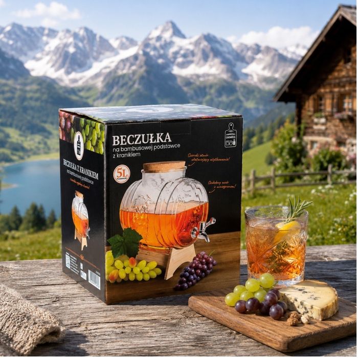 Стъклено буре 5 литра, с кранче и дървена поставка за вино, ракия и домашни напитки