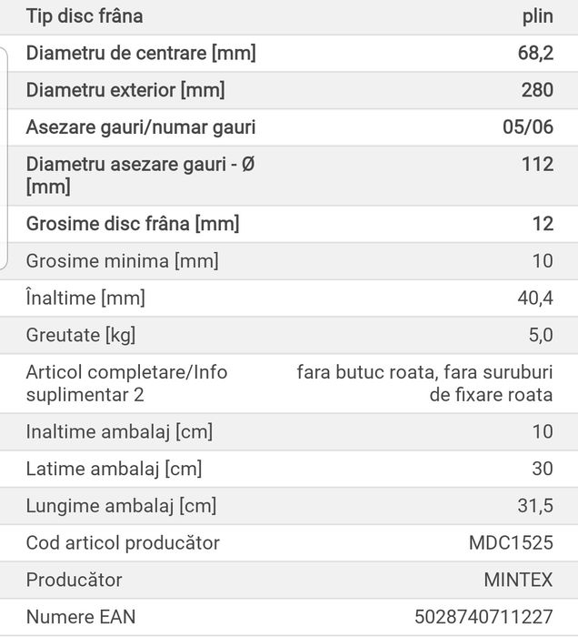 Disc frana spate Transporter T4 Caravelle 2003 PRODUS NOU ÎN OFERTĂ
