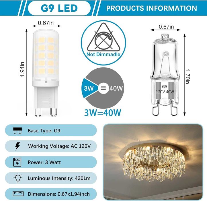 LED крушка BAOMING G9, недимируема, 3W (еквивалент на 40W) - 3000K топло бяла, без трептене, енергоспестяваща, пластмасова основа - пакет от 6 броя