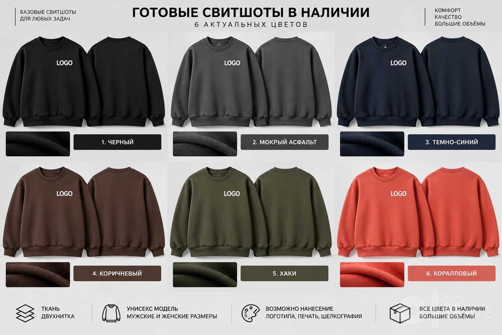 Свитшоты унисекс оптом — 6 цветов в наличии, нанесение логотипа