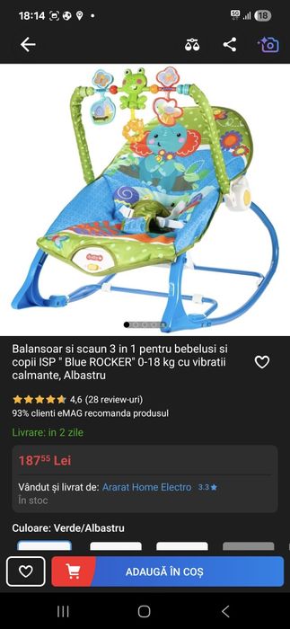Vând balansoar pentru bebeluși – model Blue Roker (0-18 kg)