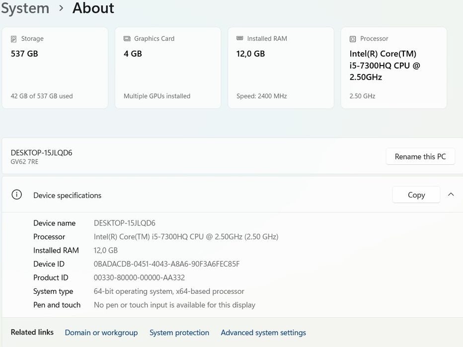 Laptop MSI i5 7300HQ 2,5GHZ, 12GB, 256GB+320GB, GTX 1050 TI 4G, Win11