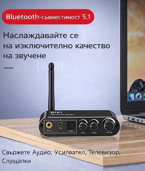 Блутут ДАК/DAC оптичен вход, Aux, изход 3.5mm, чинч USB + дистанционно