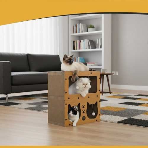 Драскалка за котки двуетажна къща легло с играчки неплъзгащо се