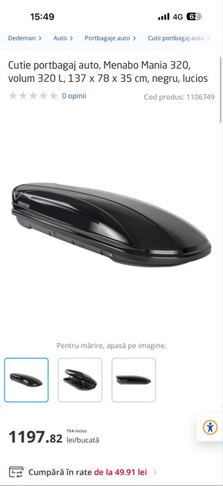 Cutie portbagaj auto, Menabo Mania 320, volum 320 L