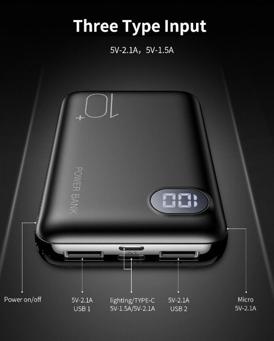 Acumulator telefon 10000 mAh, Bussines! 2 USB, Display, Led. Nou!