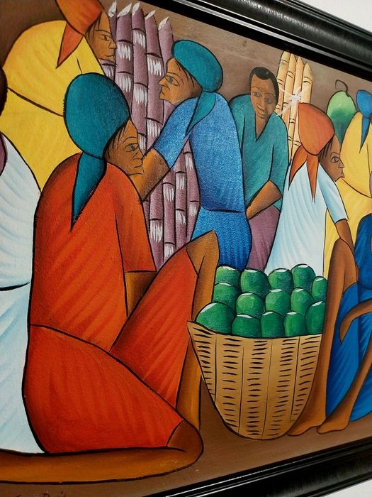 Andre Guervil (Haiti) – Pictură acrilică vintage anii ’70, scenă piață, semnată