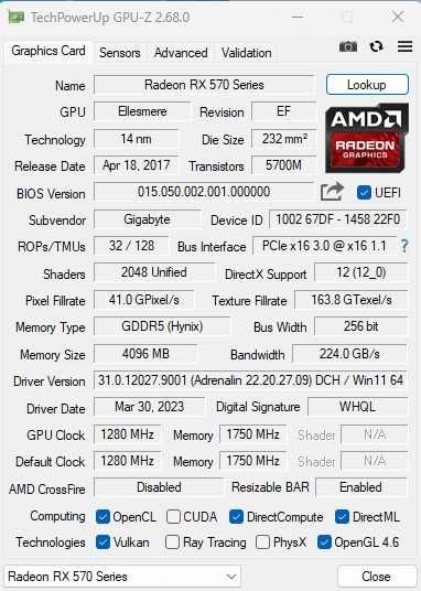 Placa video GIGABYTE AORUS RX 570 4GB GDDR5 256-bit.