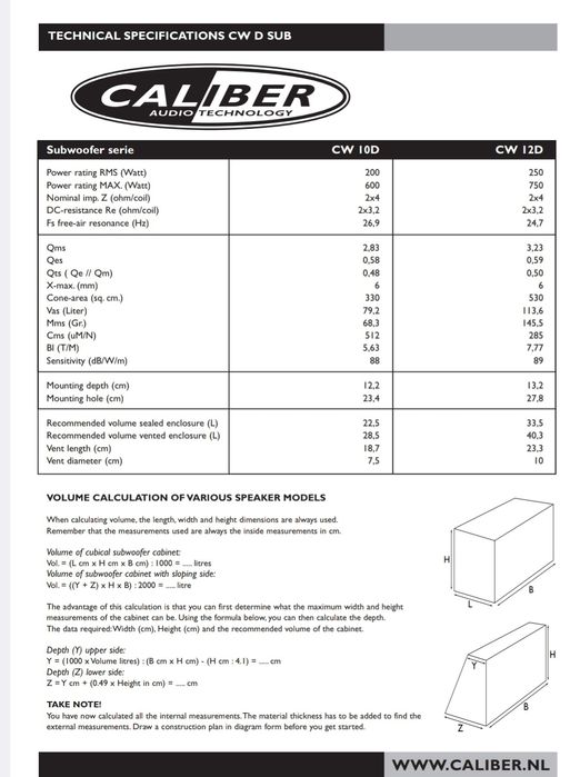 Set difuzoare subwoofer 10" 600 w Caliber  Sw S10D 2 x 4 ohmi