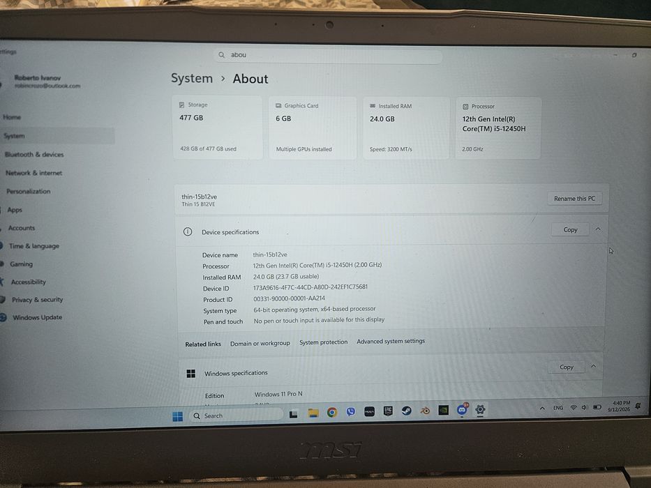 Laptop MSI THIN 15B12VE RTX 4050 INTEL I CORE 12450H 24GB RAM