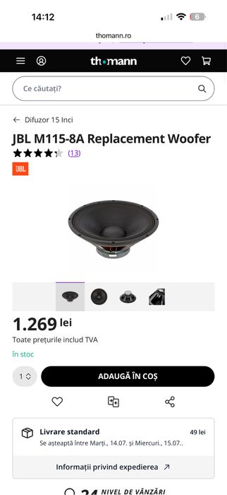 2 difuzoare (boxe) JBL pe 15 inch, 8ohmi - M115-8A