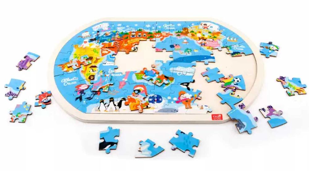 Дървен пъзел Морски Свят - Карта на света в рамка