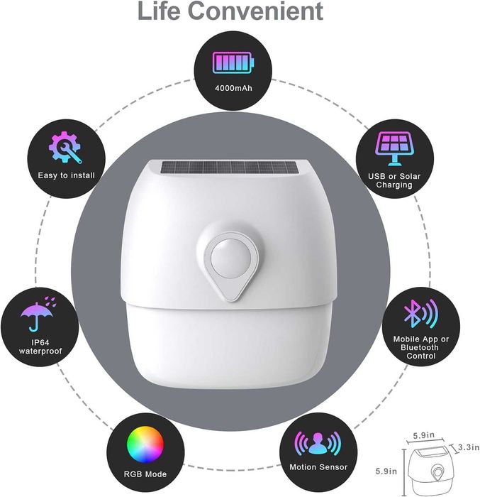 Соларна сензорна лампа с RGB, USB зареждане, IP64, работа с Alexa