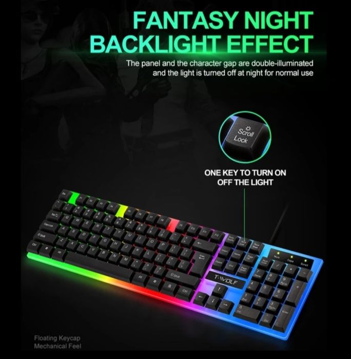 T-WOLF TF230 RGB клавиатура и мишка – механично усещане, 104 клавиша,