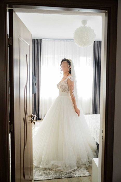 Rochie de mireasa superba, printesa, A line, comoda, cu maneca lunga