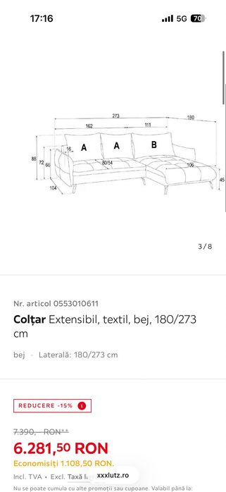 Coltar extensibil nou bej 273 x 180 de la XXXLUTZ