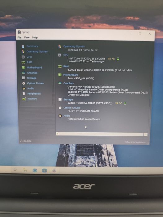Laptop Acer Aspire 15.6" FHD Cpu i5,Amd Radeon R7 2Gb,Ssd 240Gb,8Gb Ram