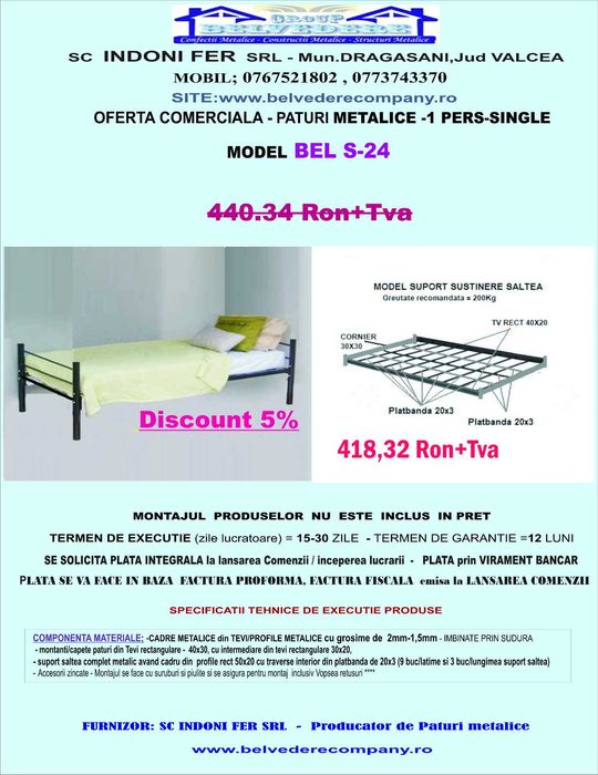 Pat Metalic Single/1 Persoană –Ideal pentru Cazare Muncitori – În Stoc